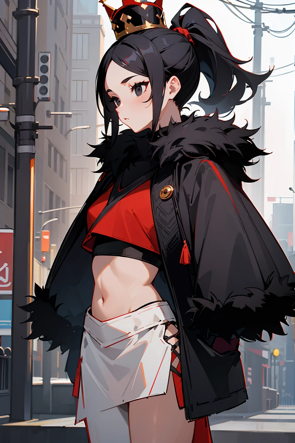 1female , Straight black hair , Black Eyes , crown , Black croptop , ponytail, Standing on sidewalk , Modern city background , fur trim red cape