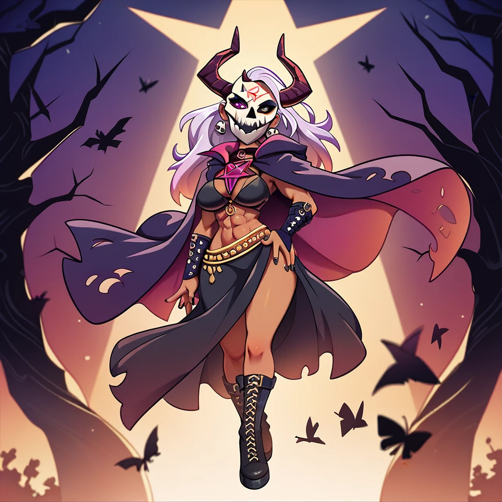 A woman with dark skin and long, pointed black nails. She wears a horse skull with bull horns as a mask, and a purple cape with gray and black adornments. The cape is like a cloak, covering the back and the right and left sides of the body. He also wears a dark gray cloth skirt with 6 purple dots, covering his entire hip. His torso is exposed, revealing a muscular body. Her chest is covered in a dark gray cloth with a magical rune printed on it. She is elegantly sitting on the roots of a tree, looking at her hand. In her hand, a transparent white magical pentagram is floating.
