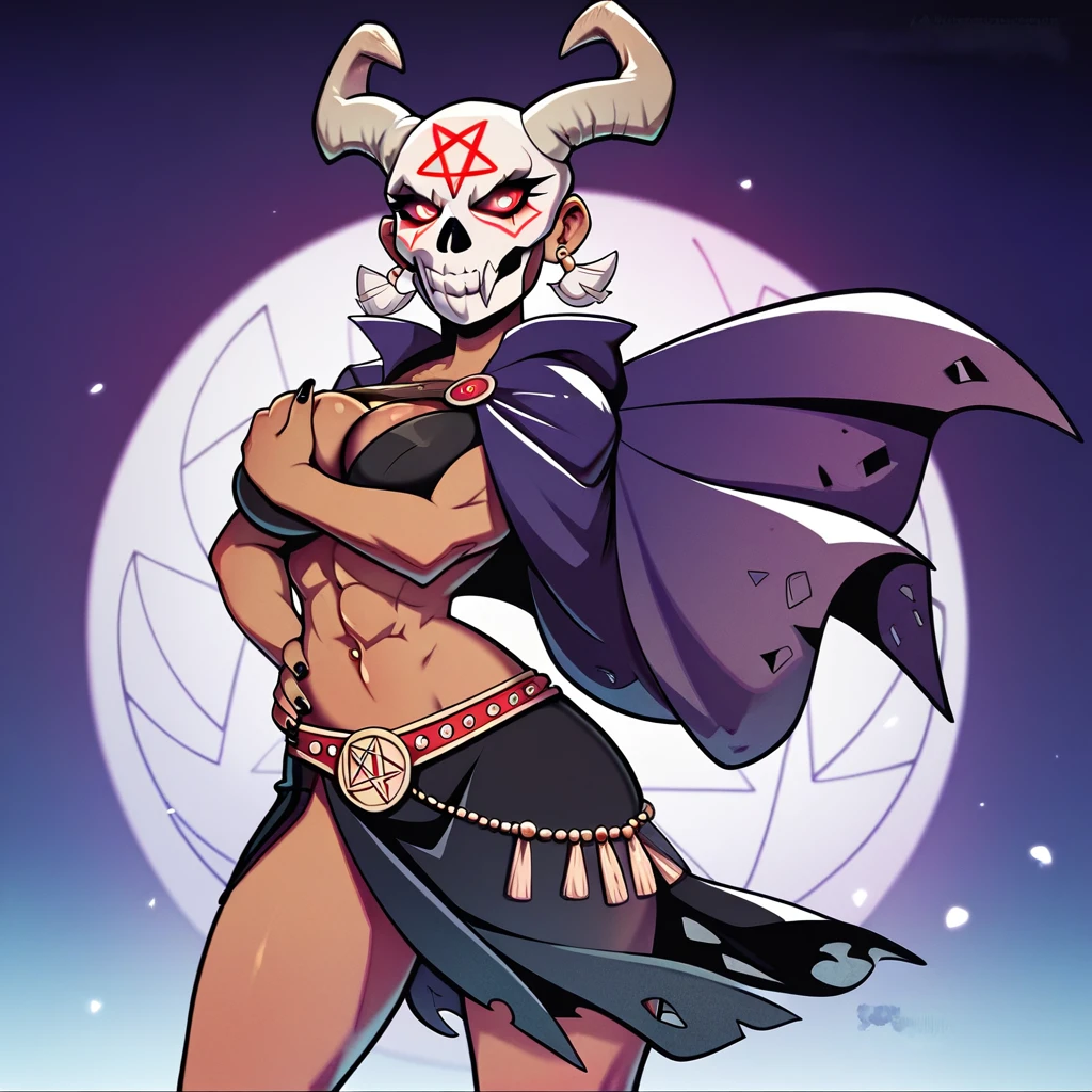 A woman with dark skin and long, pointed black nails. She wears a horse skull with bull horns as a mask, and a purple cape with gray and black adornments. The cape is like a cloak, covering the back and the right and left sides of the body. He also wears a dark gray cloth skirt with 6 purple dots, covering his entire hip. His torso is exposed, revealing a muscular body. Her chest is covered in a dark gray cloth with a magical rune printed on it. She is elegantly sitting on the roots of a tree, looking at her hand. In her hand, a transparent white magical pentagram is floating.