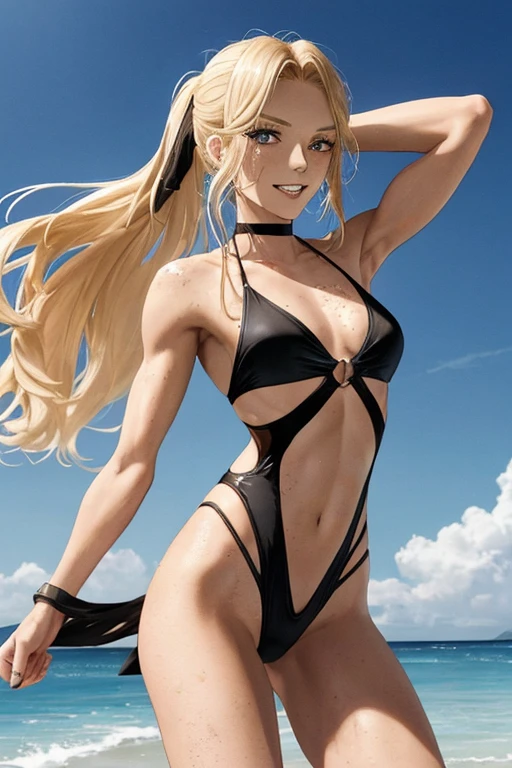 A young woman with long, straight blonde hair parted in the middle, flowing past her shoulders. She is a tall,athletic female, a strong build and long, freckles, tied back in a ponytail. Her skin is pale. She has broad shoulders, toned arms, a well-defined chest, and a muscular midsection. Her hips are slim, leading to strong, muscular thighs and well-defined legs. Her facial features include high cheekbones, a sharp jawline, and intense eyes, laughing, one piece of swimsuit