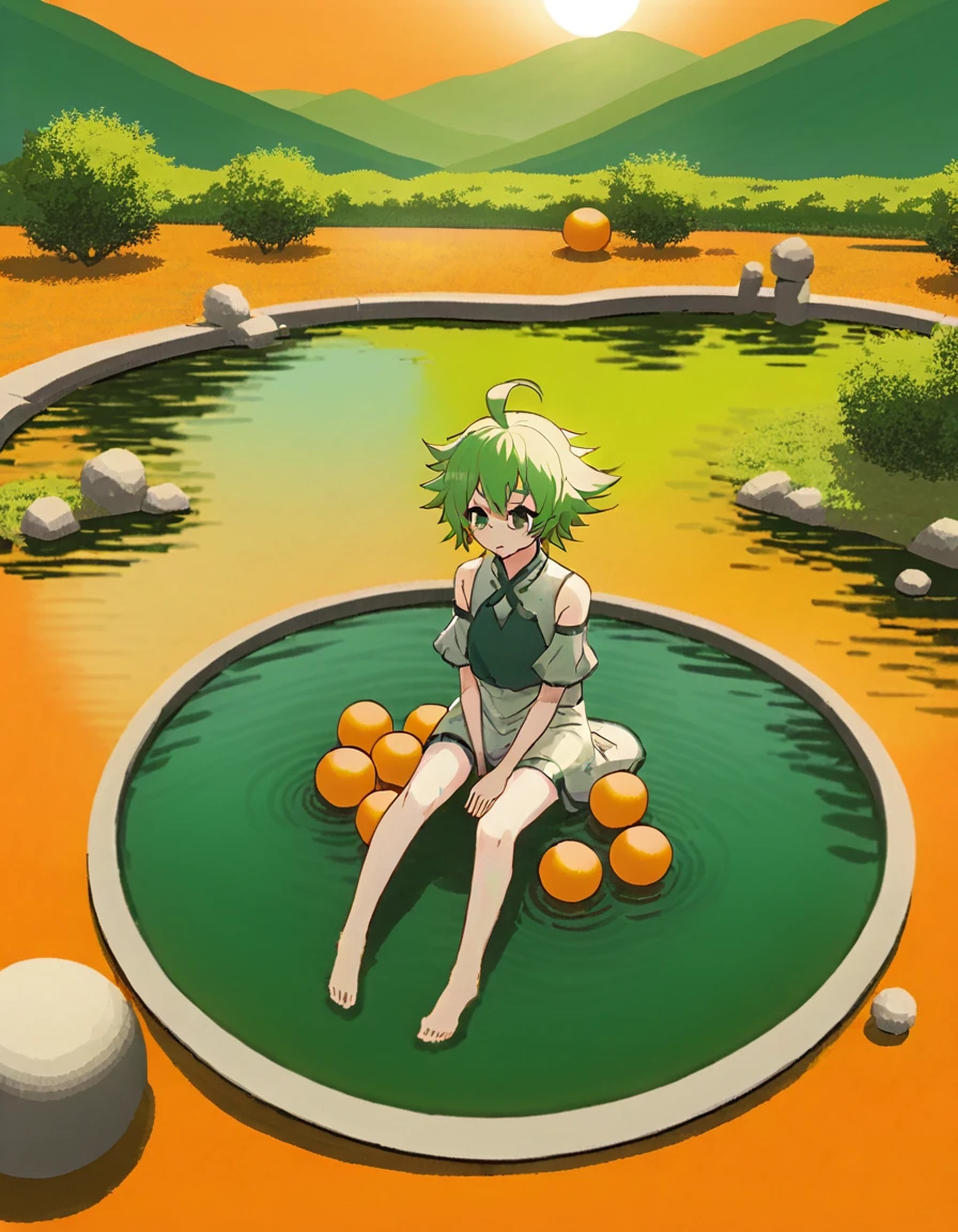 Sun Wukong sitting in the pond，Surrounded by seven orange dragon balls，Background with green mountains and green water