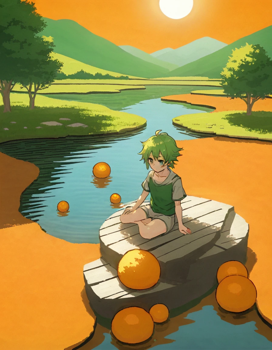 Sun Wukong sitting in the pond，Surrounded by seven orange dragon balls，Background with green mountains and green water