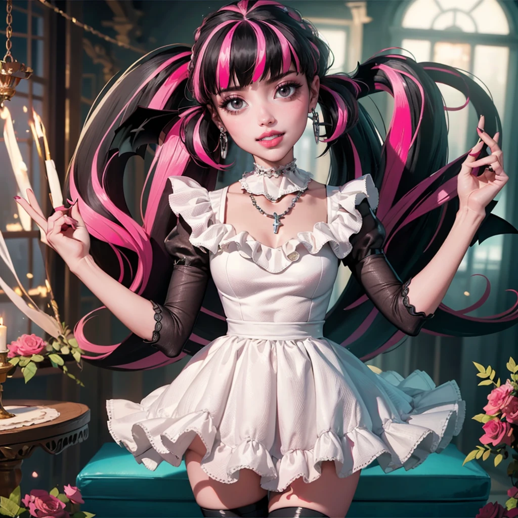 1 girl, a girl with bat wings on her back, perfectly hands, perfectly body, black choker, bat necklace, necklace, centered, bat jewelry, award winning upper body portrait, cowboy shot, (looking at viewer:1.2), Draculaura_MH, solo, black half hair, pink half hair, multicolored hair, long hair, ornament hair, choker, maid dress, maid clothes, maid headdress , maid apron, white apron, pink shirt, white dress, pink knee boots, smiling, kitchen scenery, cake on focus, kitchen, stand up close to window, depth of field, cinematic composition, ((high quality)), ((Work of art)), (more detail), half black hair, half soft pink hair, wave hair, smile, vampire fangs, bat wings, white dress, black dress with transparency, pink laces, black gloves, black high socks, high hills boots, bat jewelry, jewelry, seat on the grass, dark red roses on focus, Draculaura_(monster high), Monster High, looking at the viewer, more details on the clothes, 