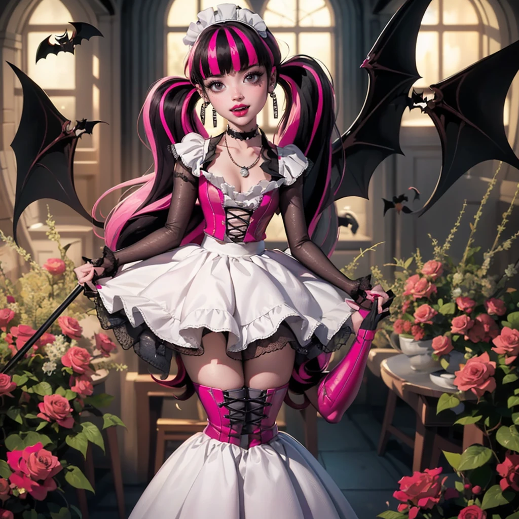 ((high quality)), ((Work of art)), (more detail), 1girl, succubus, centered, a girl with a bat wings, wedding dress, award winning upper body portrait, cowboy shot, Draculaura_MH, solo, black half hair, pink half hair, multicolored hair, long hair, wave hair, braided hair, holding a bouquet, white shirt, white skirt, pink knee boots, sad expression, gothic church , gothic architecture, church scenery, candles, white roses, depth of field, cinematic composition, half black hair, half soft pink hair, wave hair, Standing at the altar, white roses, smile, vampire fangs, wedding dress, bat wings, white dress, white dress with transparency, pink laces, white gloves, white high socks, pink high hills boots, bat jewelry, jewelry, grass, white roses on focus, Draculaura_(monster high), Monster High, looking at the viewer, more details on the clothes, petals in the air