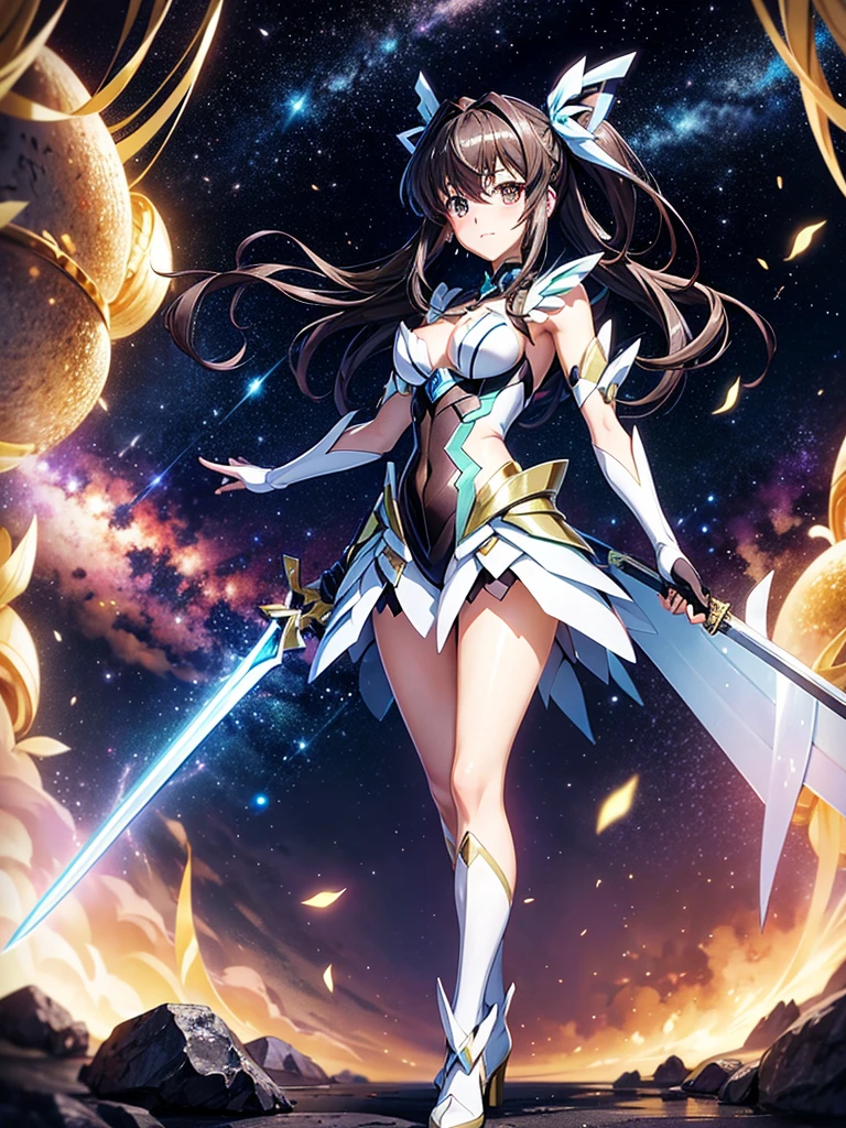 Highest quality,Highest Resolution,A beautiful girl in a metallic high-leg outfit, like Tsubasa Kazanari from Symphogear,Earth Behind,universe,Milky Way,Black Hair,Holding a sword,