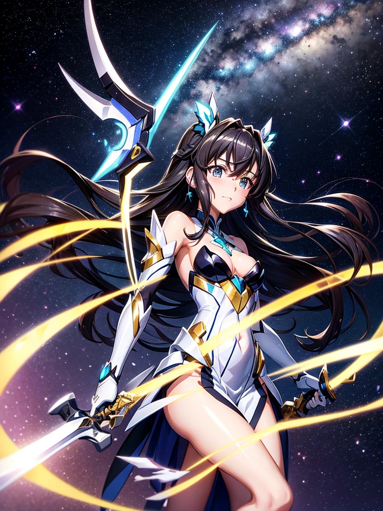 Highest quality,Highest Resolution,A beautiful girl in a metallic high-leg outfit, like Tsubasa Kazanari from Symphogear,Earth Behind,universe,Milky Way,Black Hair,Holding a sword,