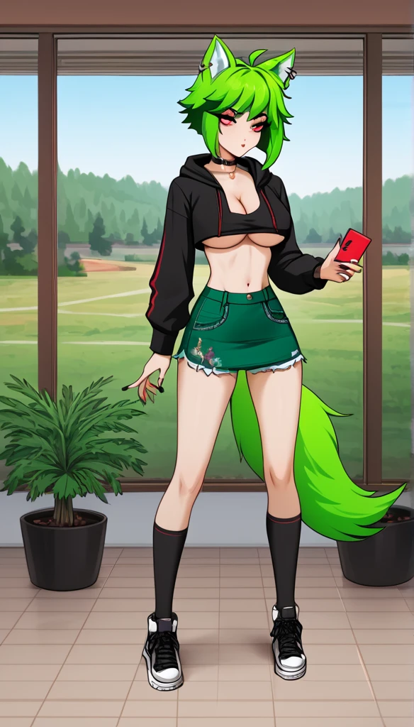 , Croped, , cleavage, slim waist, cropped hoodie underboob, cropped hoodieunderboobhoodie, 1girl, 2 wolf ears, wolf tail, marijuana crop hoodie, crop shorts, marijuana hoodie, spiky hair, spiky fur, green hair, red eyes,marijuana field, tight clothes, perfect eyes, perfect hands, clear resolution, full body, cleavage skin, marijuana plants, open hoodie, marijuana scenery, black thigh high socks, full body, earrings, 1girl, skirt, cleavage, slim waist, cleavage, slim waist, hair pulled back,