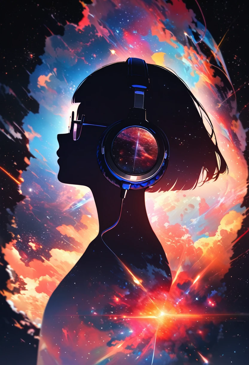 silhouette of a woman in profile.(super very short hair:1.3), blunt bangs, (((underrim glasses:1.3))), (headphones:1.3), Inside the silhouette you can see the double exposure with a deep space, universe, supernova explosion, masterpiece, ((double exposure)), proportional.,DOUBLE EXPOSURE

