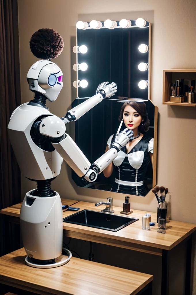 robot,put on makeup,table,mirror