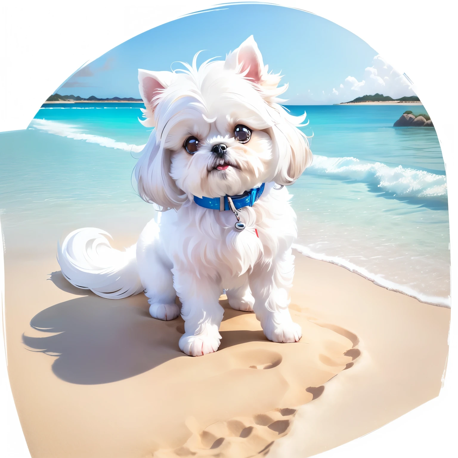 A small white dog is lying on the white ground, Shih Tzu, Small chin, Small dogs, Transparent Background, Cute dog, , beautiful photo, Has fluffy white hair, , [ Realistic photos ]!!, Shot on Sony Alpha 9, , Pet Animals, White sand beach、3 palm trees、White cloud、Cobalt Blue Sea、The clear waves crash on the shore、summer、