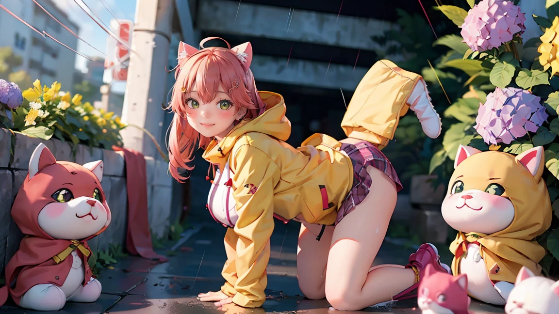 ((((highest quality)))), (((Ultra-precision CG 16K))), (((masterpiece))), (((Very detailed))), (((Extremely detailed))), (((Black outline:1.3, Written boundary depth:1.3 , Written soft outline))), Blur, Bokeh, Maximum clarity and sharpness,Multilayer Texture, Surface Shading, Cinematic lighting, Beautiful details sparkle ,Perfect Proportions, Limited to three woman, BREAK accurate, Anatomically correct, Highly detailed face and skin texture, drawn in detail, Highly detailed facial and skin texture, Detailed eyes, beautiful hair, Beautiful Japanese Idol face, Beautiful and beautiful eyes, Beautiful body, Beautiful , Beautiful thighs, Beautiful legs, Beautiful fingers, (Beautiful views) , skinny body, ((Beautiful Skin)), ((Skin Texture)) BREAK  enlarged, , rocket , slender waist, (blush, smiling:1.3,) BREAK (((yellow raincoat:1.3 , yellow rain boots, cover your whole head with the cat ear shaped hood of raincoat, cyberpunk , school uniform:1.3, midriff peek, button up))) , wearing earrings, BREAK ((( a girl  , hands between legs, rainbow, sunny rain , hydrangeas, frog, stick  out))),(serious, full body shot, long shot , from front:1.3 , from below:1.3,),