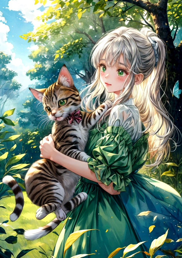 Fashion Watercolor,Picture book composition,Kitty Mimi and puppy Doudou playing in the forest,Kitten jumping on a branch,The puppy Doudou is chasing butterflies on the ground,The background is green forest and blue sky with white clouds,Perfect composition,Backlight,Ultra-clear