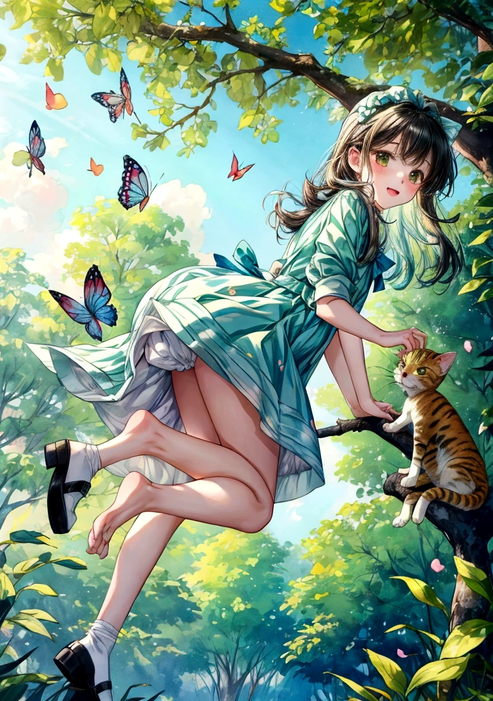 Fashion Watercolor，Picture book composition，Kitty Mimi and puppy Doudou playing in the forest，Kitten jumping on a branch，The puppy Doudou is chasing butterflies on the ground，The background is green forest and blue sky with white clouds，Perfect composition，Backlight，Ultra-clear