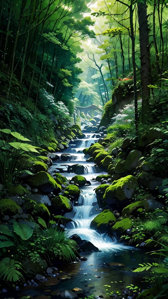 painting of a stream running through a green forest full of trees, detailed painting 4k, mountains river trees, Anime Landscape Wallpaper, Bela arte UHD 4K, anime rural landscape, detailed scenery - width 672, cute digital painting, highly detailed digital art in 4k, beautiful anime scenery, High-quality, detailed artwork in 8K, nature of anime wallpap, nature of anime