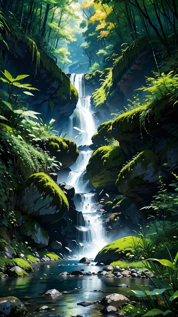 painting of a stream running through a green forest full of trees, detailed painting 4k, mountains river trees, Anime Landscape Wallpaper, Bela arte UHD 4K, anime rural landscape, detailed scenery - width 672, cute digital painting, highly detailed digital art in 4k, beautiful anime scenery, High-quality, detailed artwork in 8K, nature of anime wallpap, nature of anime