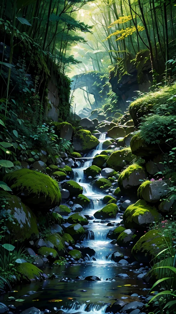 painting of a stream running through a green forest full of trees, detailed painting 4k, mountains river trees, Anime Landscape Wallpaper, Bela arte UHD 4K, anime rural landscape, detailed scenery - width 672, cute digital painting, highly detailed digital art in 4k, beautiful anime scenery, High-quality, detailed artwork in 8K, nature of anime wallpap, nature of anime