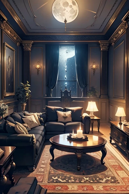 Interior, victorian Manor with reliquies, (((Nigth))), (((moonligth enters the living room)))