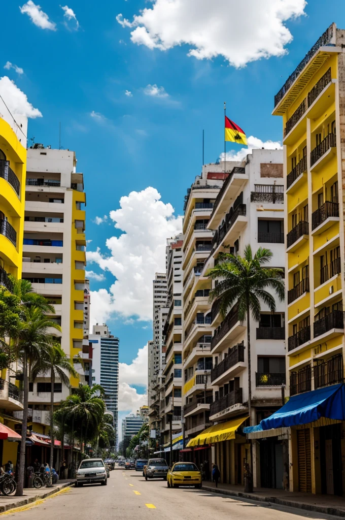 Downtown Caracas with a tricolor sky in yellow blue and red and eight white stars in a square with tricolor awnings