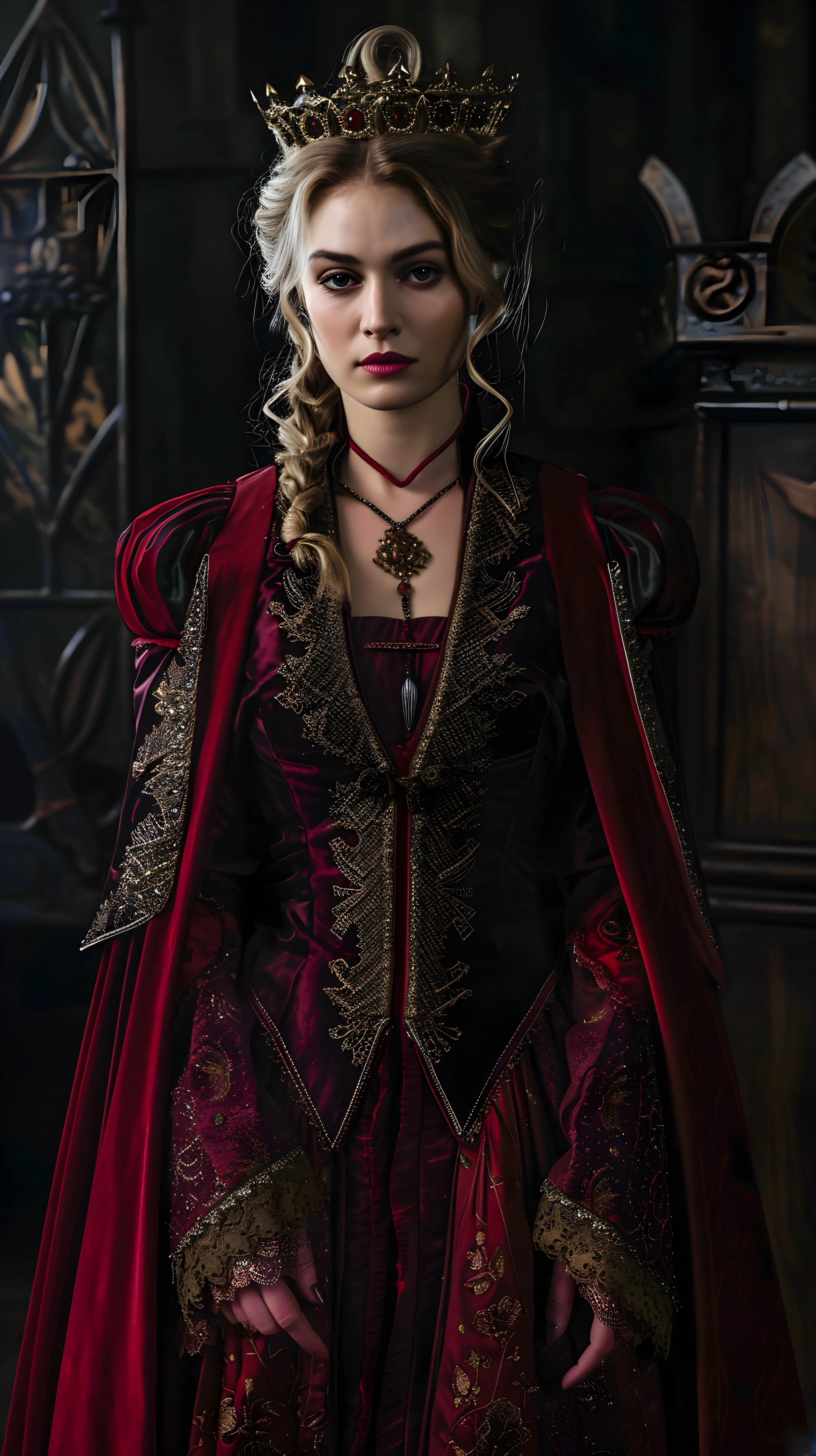 arafed woman in a red dress and a crown poses for a picture, cate blanchett as medieval queen, portrait of emily blunt as queen, ornate dark red opulent clothing, intricate costume design, wearing gilded red royal robes, as a medieval fantasy character, anya taylor - joy vampire queen, wearing a noblewoman's outfit, beautiful vampire female queen, the red queen