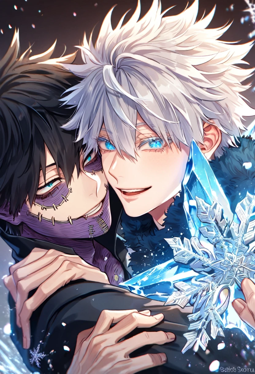 absurdres, highres, ultra detailed, HDR, master piece, best quality, extremely detailed face, delicated features, Dabi, black hair, expressive turquoise eyes, Boku No Hero Academia, Gojou Satoru, white hair, expressive blue eyes, white eyelashes, two sexy men together, yaoi, gay couple, handsome, smiling, blue jacket with fur, black coat, fantasy, magical, ice, blue fire, ice butterflies, snowflakes