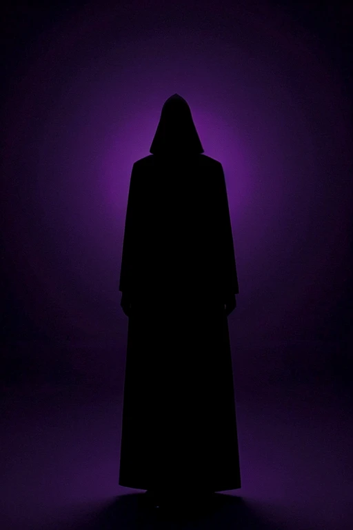 Create a picture with a dark purple background a mysterious figure in black standing with question makes all around it