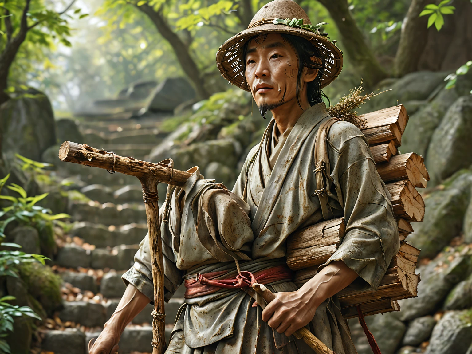 A stone statue of a Japanese man wearing a hat, carrying a stone firewood on his back, and holding a cane in his right hand. Mountain path stairs, 4k masterpiece, best quality, (High definition CG Unity 8k wallpaper), (best quality), (best illustration), (best shadow), incredibly realistic lighting, (abyss), beautiful glow, art by Peter Maubacher,