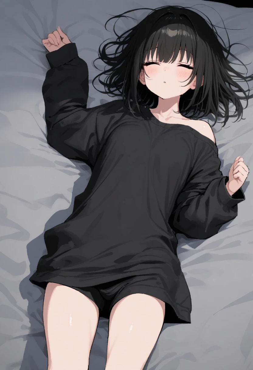 masterpiece, best quality, 1girl oekakizuki, on back, black shirt, sleeping, attractive, cute