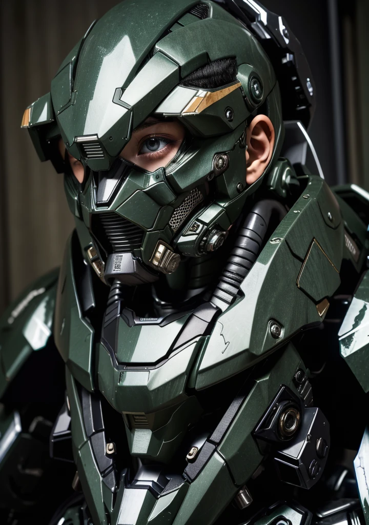 Textured skin, Super detailed, Attention to detail, high quality, 最high quality, High resolution, 1080P, hard disk, beautiful,(War Machine),beautifulサイボーグ女性,Mecha Cyborg Girl,Battle Mode,Girl with a mechanical body　Black Hair　Short Hair Boyish　Dark Green Armor　Soaked Face　Transformation complete　Met Off　Steam from the head　whole bodyから湯気が吹き出す　Feeling facial expression　Open your mouth wide　Close-fitting headgear　Long nozzle gas mask　front　whole body