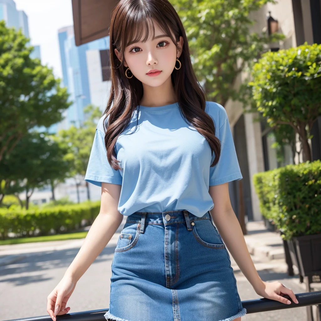8K high quality,1 pretty girl,Short sleeve,Denim skirt