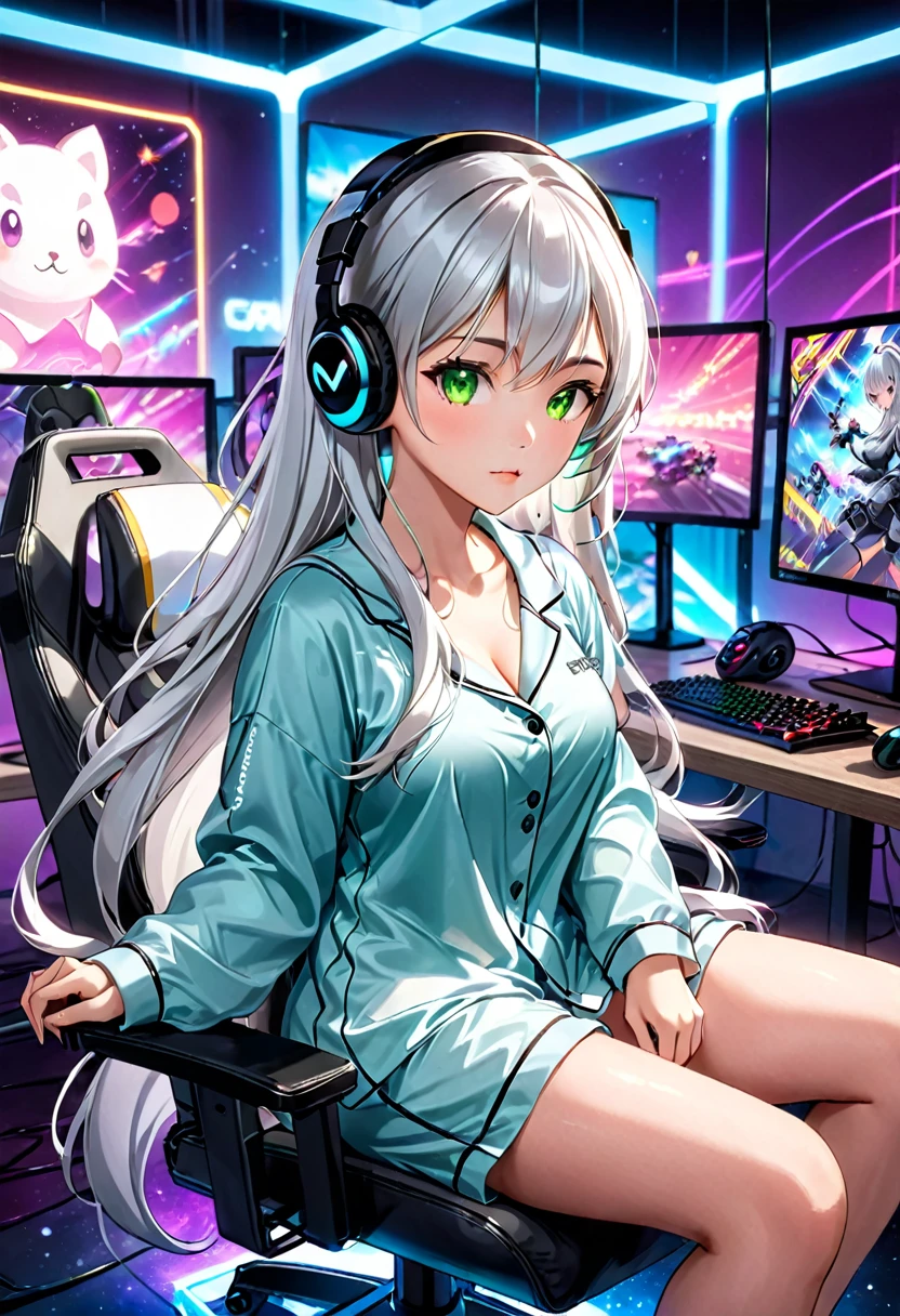 Beautiful asian woman, long silver hair, green eyes, cute pajamas, busty, playing video games on a futuristic computer with neon lights, competitive gaming, anime style