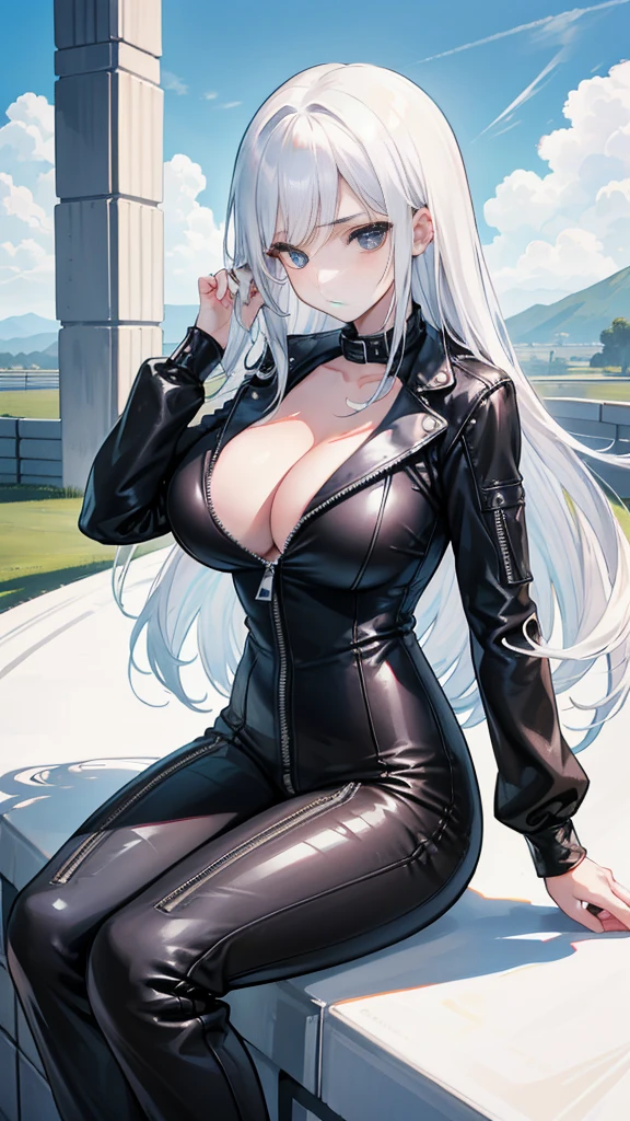 beautiful girl,(Racing girl),Leather jumpsuit,(黑色Leather jumpsuit),Leather Clothes,White long hair,(White hair),(Bangs),Zipper open,(Leather jacket zipped up),((Cleavage)),Open your heart,(Shy expression),Sit on a race car,Blue sky and white clouds,(),((Super big breasts)),Leg ring