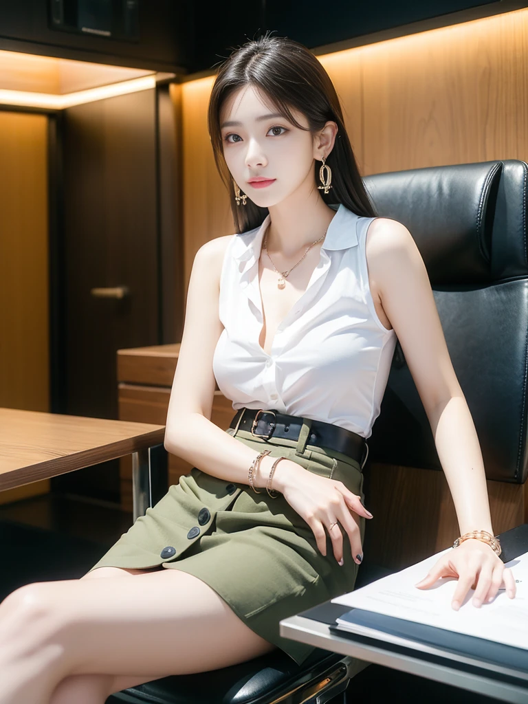 (((Practical photography))),, portrait,Upper body, Korean，(Mature:1.3),, 1 girl，beautiful girl, arrogant,Sit in a large class chair , (necklace，earrings，bracelet:1.1), Sleeveless shirt，Button-down shirt and hip skirt,mini skirt , (cleveage:0.3),, In the CEO&#39;s office, (Environmental details:1.3),, (original photo, CG Unity, photography, ultra Practical details, Clear focus, Delicate skin,4K, high resolution, masterpiece, best quality, Practical, Full of energy:1.2),, (8K,4K, Ultra-high quality, high resolution, professional, Movie-like, , dramatic),（armpits,crossed_Legs,curvy:1.2）, Detailed office background，