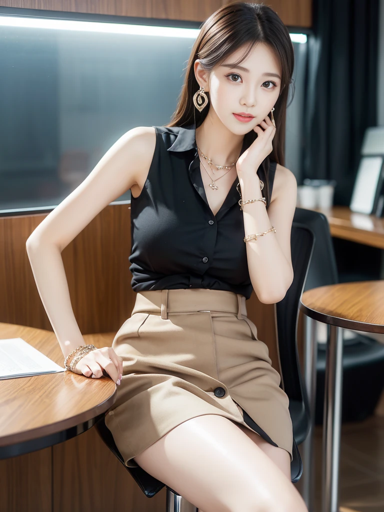 (((Practical photography))),, portrait,Upper body, Korean，(Mature:1.3),, 1 girl，beautiful girl, arrogant,Sit in a large class chair , (necklace，earrings，bracelet:1.1), Sleeveless shirt，Button-down shirt and hip skirt,mini skirt , (cleveage:0.3),, In the CEO&#39;s office, (Environmental details:1.3),, (original photo, CG Unity, photography, ultra Practical details, Clear focus, Delicate skin,4K, high resolution, masterpiece, best quality, Practical, Full of energy:1.2),, (8K,4K, Ultra-high quality, high resolution, professional, Movie-like, , dramatic),（armpits,crossed_Legs,curvy:1.2）, Detailed office background，