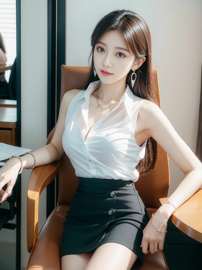 (((Practical photography))),, portrait,Upper body, Korean,(Mature:1.3),, 1 girl,beautiful girl, arrogant,Sit in a large class chair , (necklace,earrings,bracelet:1.1), Sleeveless shirt,Button-down shirt and hip skirt,mini skirt , (cleveage:0.3),, In the CEO's office, (Environmental details:1.3),, (original photo, CG Unity, photography, ultra Practical details, Clear focus, Delicate skin,4K, high resolution, masterpiece, best quality, Practical, Full of energy:1.2),, (8K,4K, Ultra-high quality, high resolution, professional, Movie-like, , dramatic),(armpits,crossed_Legs,curvy:1.2), Detailed office background,