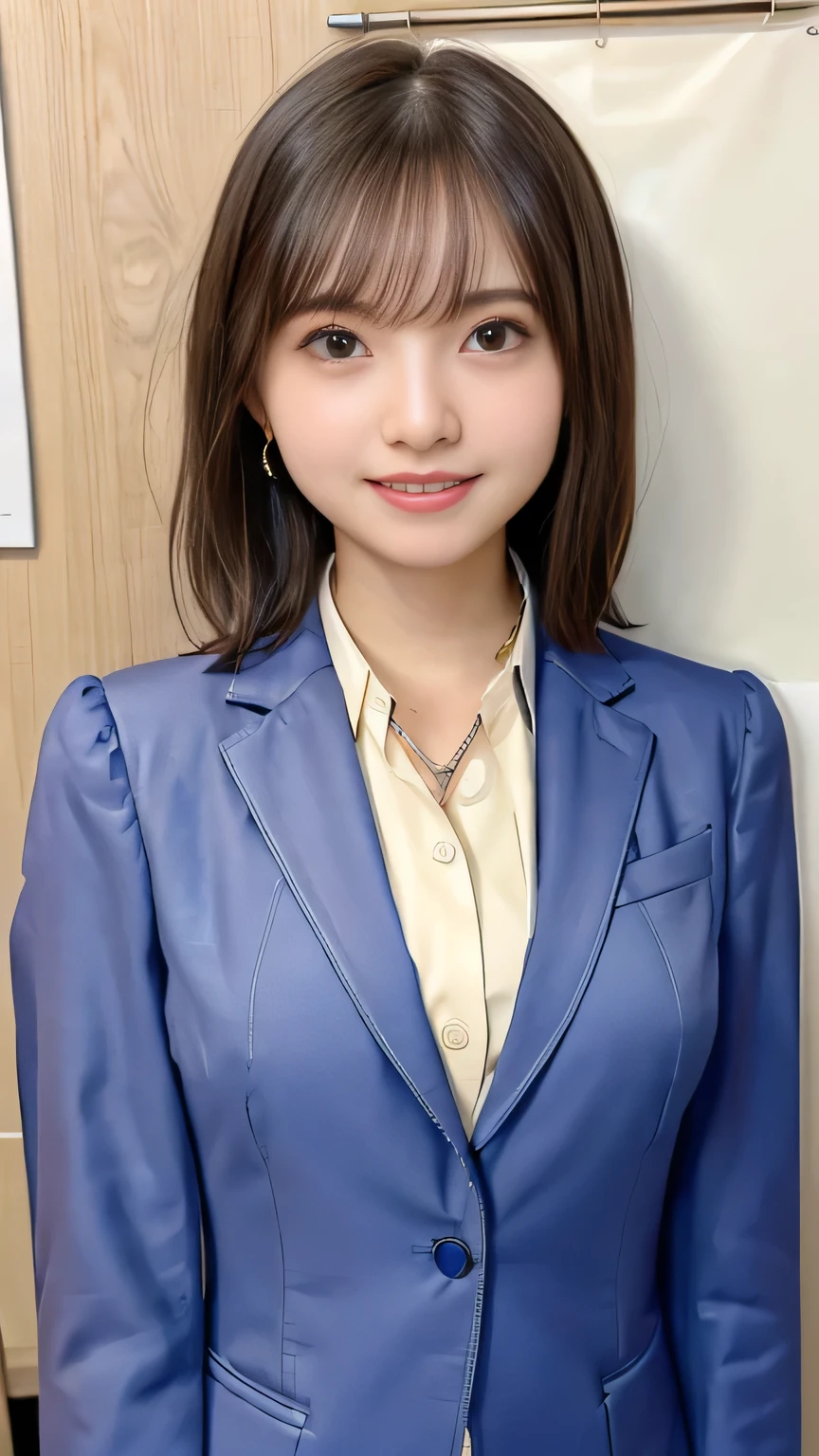Highest quality:1.2), RAW Photos, High resolution, Very detailed, Intricate details, short hair、ear piercing、smile、Emphasis on teeth、、Light brown hair、 (Front view, ), Clear beauty, (High quality fabric, Office Lady Suit 、Jacket、Unbuttoned shirt、Necklace around the neck、 The background is the office
