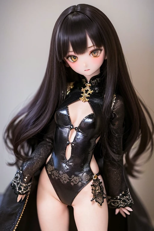 ((highest quality)), ((masterpiece)), (extremely detailed), kukolnydom, doll, mature woman, solo, standing, cowboy shot, embarrassed, black hair, long hair, leotard, gym, 8k