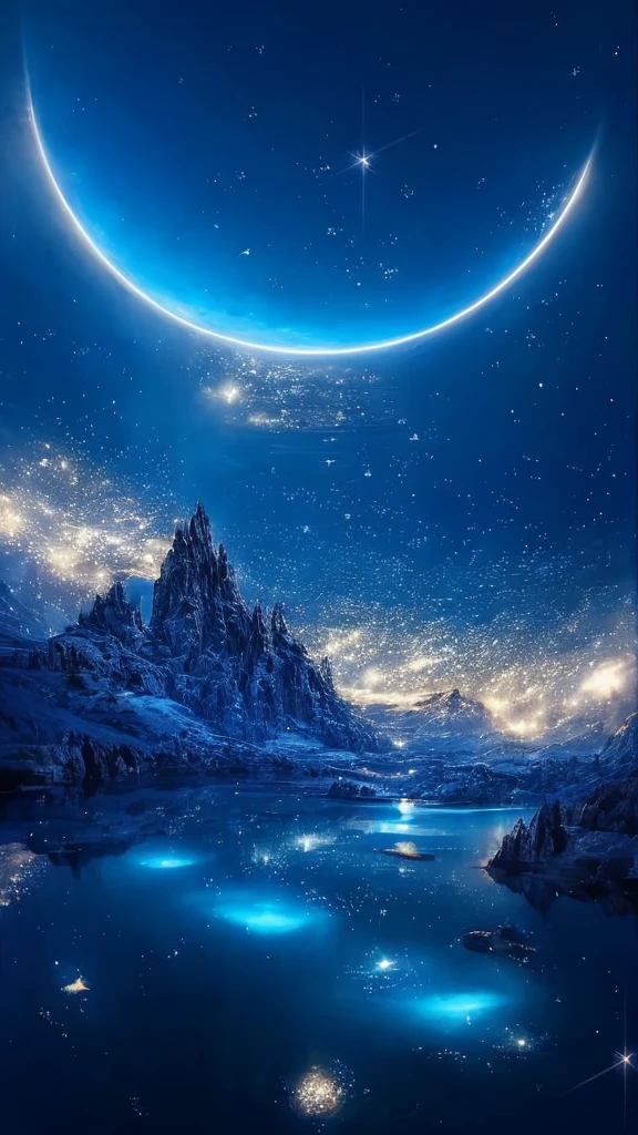 Lake view with moon and stars in the sky, Magnificent background, impressive fantasy landscape, alien breathtaking landscape, Beautiful alien landscape, Fantasy space, in the astral plane ) ) ), beautiful space, stunning alien landscape, magical scenery, detailed dreamscape, fantasy planet, very beautiful fantasy art, Art fantastique grand angle, breathtaking fantasy art, beautiful detailed fantasy