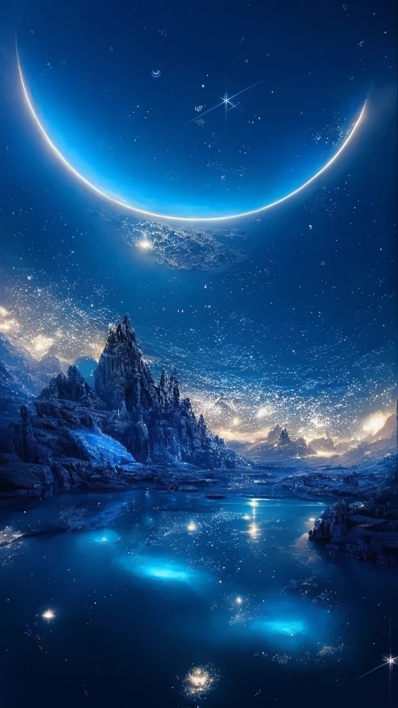 Lake view with moon and stars in the sky, Magnificent background, impressive fantasy landscape, alien breathtaking landscape, Beautiful alien landscape, Fantasy space, in the astral plane ) ) ), beautiful space, stunning alien landscape, magical scenery, detailed dreamscape, fantasy planet, very beautiful fantasy art, Art fantastique grand angle, breathtaking fantasy art, beautiful detailed fantasy