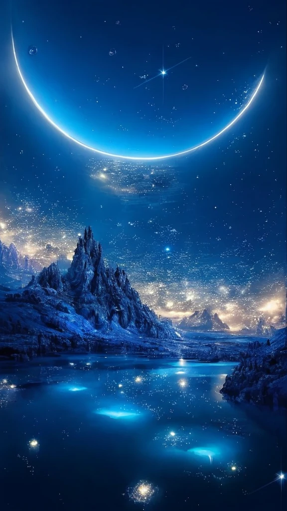 Lake view with moon and stars in the sky, Magnificent background, impressive fantasy landscape, alien breathtaking landscape, Beautiful alien landscape, Fantasy space, in the astral plane ) ) ), beautiful space, stunning alien landscape, magical scenery, detailed dreamscape, fantasy planet, very beautiful fantasy art, Art fantastique grand angle, breathtaking fantasy art, beautiful detailed fantasy