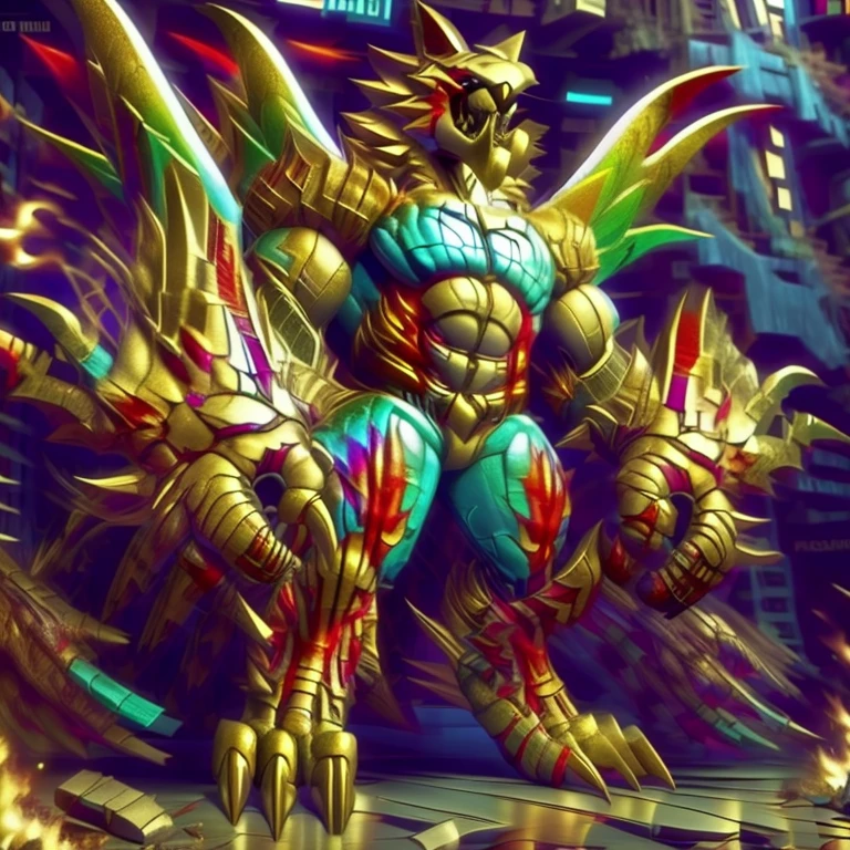 (masterpiece. official art. 8k. best quality. detailed full body. full body.)

(situation 1 : dominating The Phoenix Wolf. The Phoenix Wolf is over 1000 meters long. focus GIANT mechanical Muscular The Phoenix Wolf is trampling the car. Looking down.)

(situation 2 :smoke and flames rising from the destruction in the city)

(Additional details 1: Wearing GOLDEN Armor. Cape. Helmet. real texture material. whole body shines like metal. emphasizes the muscles. suit fully made of metal.Robotic suit).

(Additional details 1.5: The arms are golden. The lower half of the body is golden. The wolf-shaped helmet has sharp fangs. The whole body is golden.).

(Additional details 2: Detailed head. Detailed Body. Detailed abs. gigantic muscles. HYPER MUSCLES. Gigachad Muscular. big muscle. pecs. triceps. traps. unusually developed muscular body. body full of huge muscles. showing off muscles. pectorales enormes. Exaggeratedly huge muscles. huge muscles. long legs.).

(Additional details 3: nj5furry, Spread wings. It has wings. The claws are sharp. Sharp teeth.). He is laughing defiantly. The claws are sharp. Sharp teeth.). He is laughing defiantly.