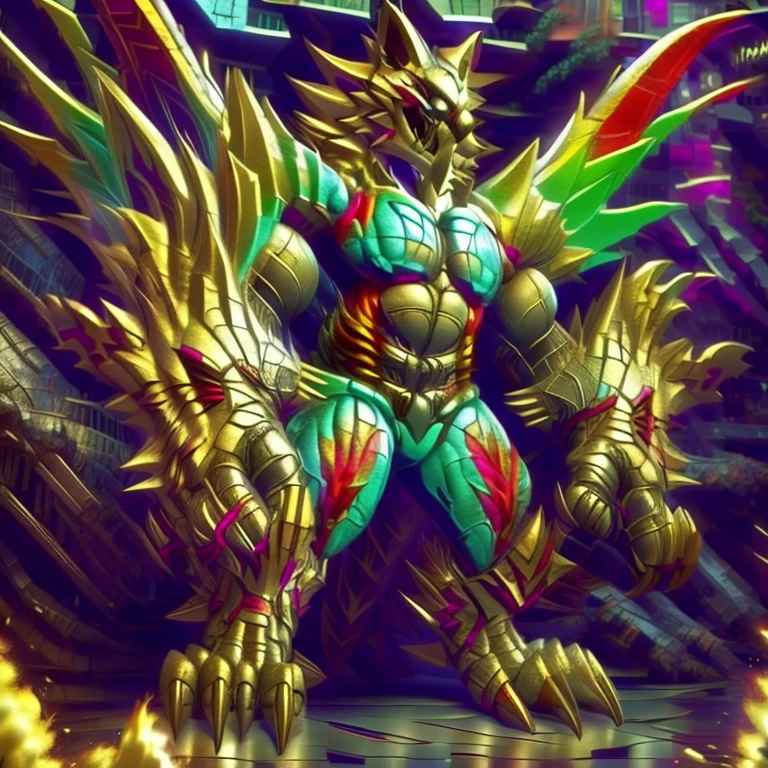 (masterpiece. official art. 8k. best quality. detailed full body. full body.)
(situation 1 : dominating The Phoenix Wolf. The Phoenix Wolf is over 1000 meters long. focus GIANT mechanical Muscular The Phoenix Wolf is trampling the car. Looking down.)
(situation 2 :smoke and flames rising from the destruction in the city)
(Additional details 1: Wearing GOLDEN Armor. Cape. Helmet. real texture material. whole body shines like metal. emphasizes the muscles. suit fully made of metal.Robotic suit).
(Additional details 1.5: The arms are golden. The lower half of the body is golden. The wolf-shaped helmet has sharp fangs. The whole body is golden.).
(Additional details 2: Detailed head. Detailed Body. Detailed abs. gigantic muscles. HYPER MUSCLES. Gigachad Muscular. big muscle. pecs. triceps. traps. unusually developed muscular body. body full of huge muscles. showing off muscles. pectorales enormes. Exaggeratedly huge muscles. huge muscles. long legs.).
(Additional details 3: nj5furry, Spread wings. It has wings. The claws are sharp. Sharp teeth.). He is laughing defiantly. The claws are sharp. Sharp teeth.). He is laughing defiantly.