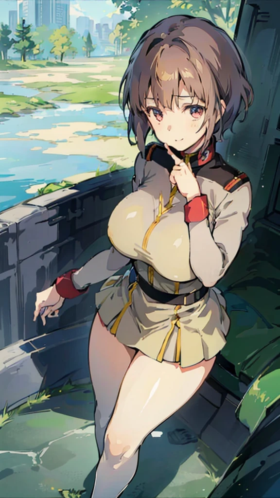 1 girl、Beautiful female officer of the Earth Federation Army、Brown short hair、Accurately draw faces、plump figure,Huge Breasts、Healthy Thighs Short Skirt Earth Federation Army、knee height、Battleship bridge interior、anatomically correct、Precise fingers、Precise leaf stone carving、Photoreal,Sunlight,Smile,stockings,Showing cleavage,Lipstick,Unzip your top