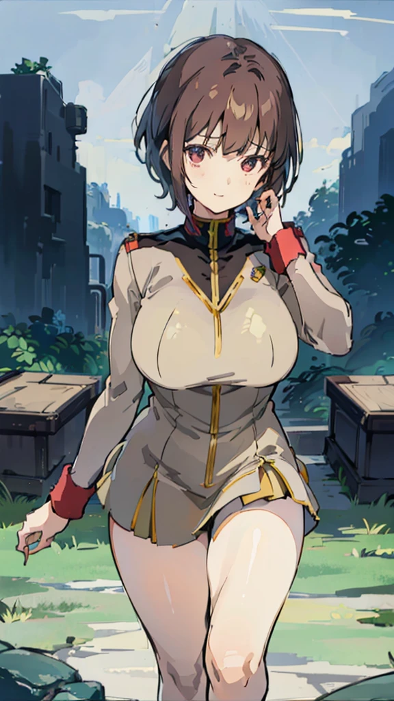 1 girl、Beautiful female officer of the Earth Federation Army、Brown short hair、Accurately draw faces、plump figure，Huge Breasts、Healthy Thighs Short Skirt Earth Federation Army、knee height、Battleship bridge interior、anatomically correct、Precise fingers、Precise leaf stone carving、Photoreal，Sunlight，Smile，stockings，Showing cleavage，Lipstick，Unzip your top