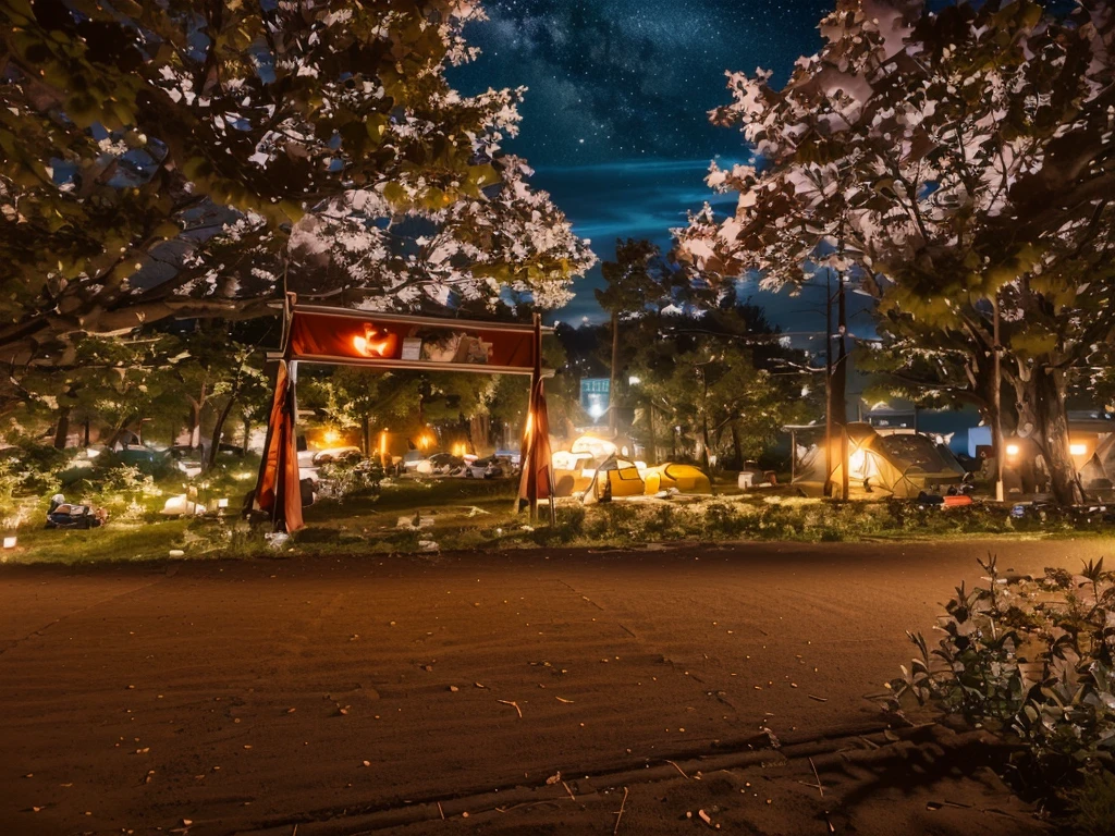 The sky is dotted with stars at night,Camping site in the woods, Night view, Cyberpunk style, Campsite at night, Wide field of view, real,masterpiece,High Detail,high resolution,8K