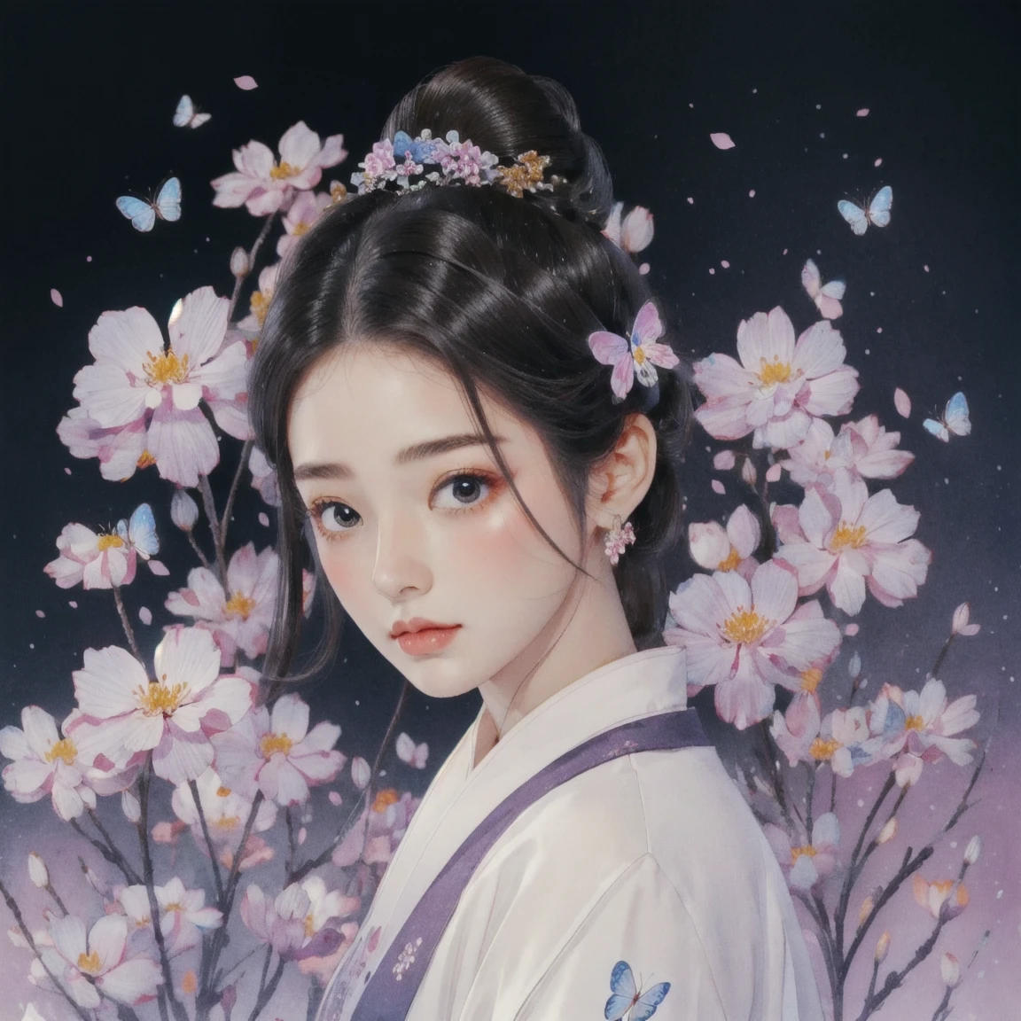 1 sister, Solitary, Model Diagram，Looking at the audience, Blushed, background, black hair color, Hair accessories, Long sleeve, 白色background, eternal, Full body female, Flowers in bloom, Flowering, OK, Butterfly, masterpiece, Recent quality, 最OK细节, Clear facial features, beautiful eyes