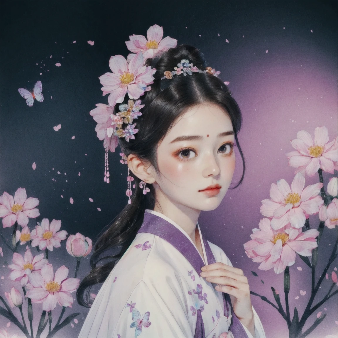 1 sister, Solitary, Model Diagram,Looking at the audience, Blushed, background, black hair color, Hair accessories, Long sleeve, 白色background, eternal, Full body female, Flowers in bloom, Flowering, OK, Butterfly, masterpiece, Recent quality, 最OK细节, Clear facial features, beautiful eyes