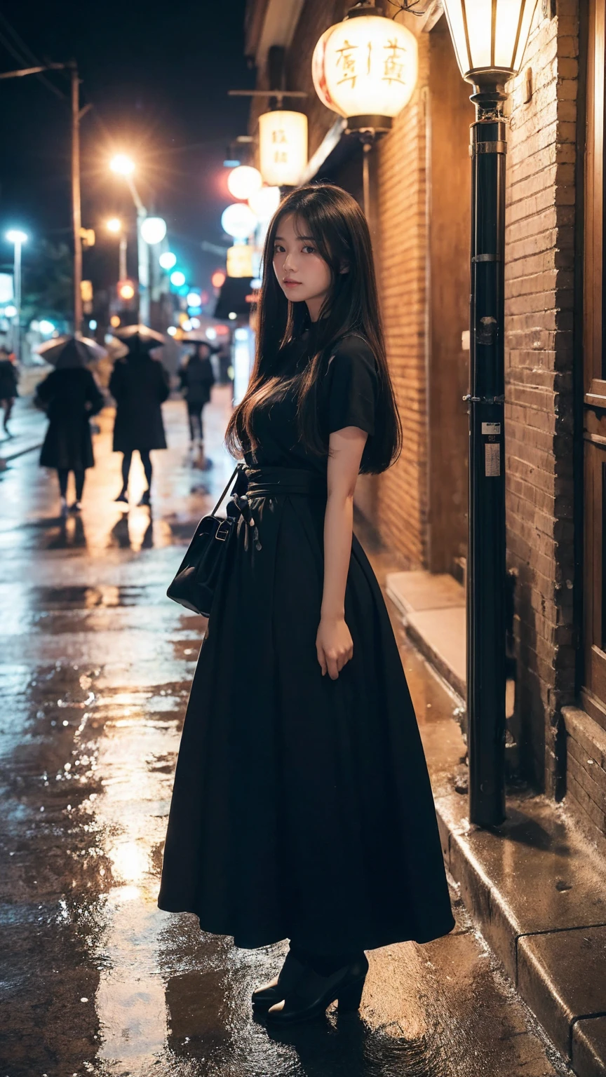 1 Girl,独自of,Long hair,Long skirt,湿of头发,黑暗of,Polaroid,(depth_of_site:1.5),rain,outdoor,street,,Mood lighting,Tyndall effect,light,night,lamp post,lens flare,Available light,Rim Light,发光of霓虹灯,Chinese_style,