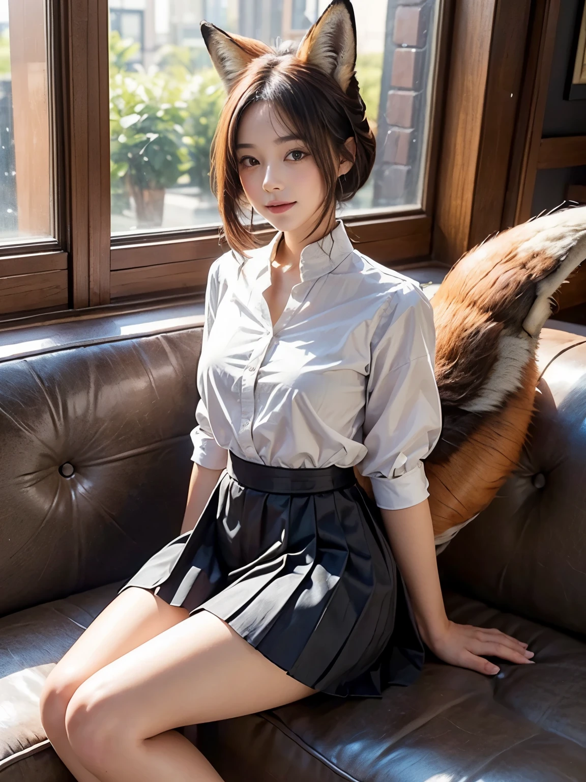 ((Highest quality, 32k)), ((masterpiece)), (Familiar), Perfect Face, pretty girl, She is sitting on a sofa in a cafe in the city., She is relaxing and drinking tea, She has a bushy tail on her butt, (She has a fox tail.:1.5),She has a fluffy tail, Beautiful hip line, Small breasts, She is wearing a neat blouse and a long pleated skirt., A bushy tail is visible from under her skirt,, Slender body, Her tail sticks out from under her skirt, (A fox tail protrudes from the inside of her skirt.:1.4), The base of her tail is hidden under her skirt., She is gently stroking her tail