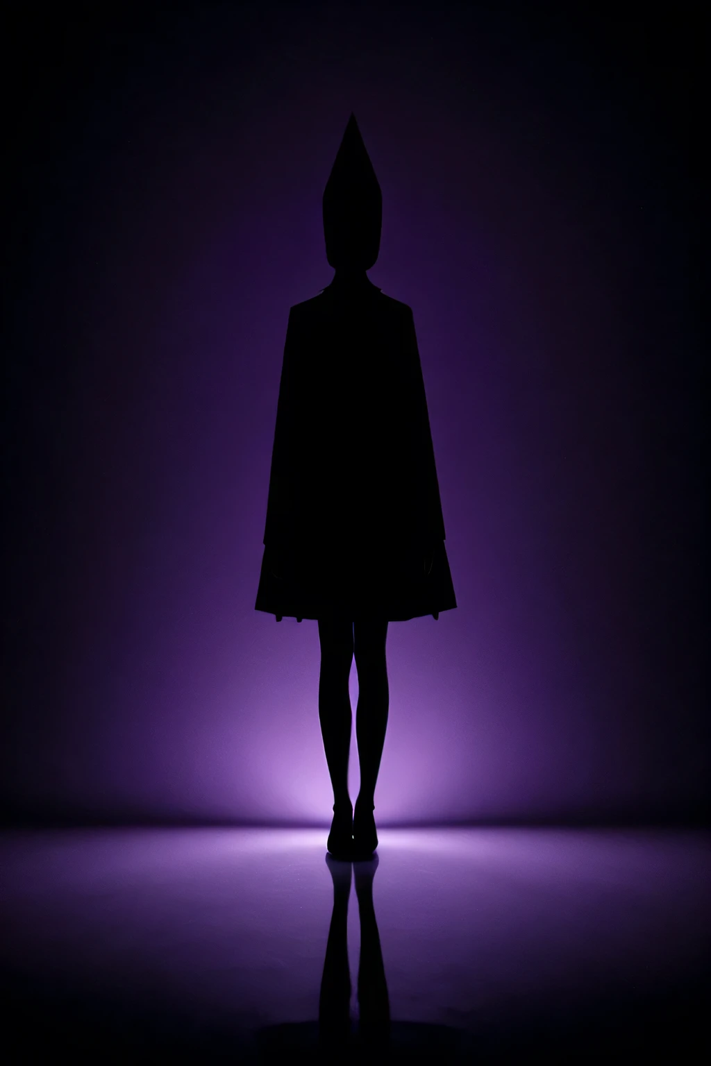 Create a picture with a dark purple background a mysterious figure in black standing with question makes all around it