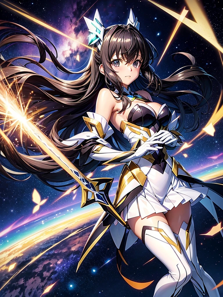 Highest quality,Highest Resolution,A beautiful girl in a metallic high-leg outfit, like Tsubasa Kazanari from Symphogear,Earth Behind,universe,Milky Way,Black Hair,Sword１I have a book,